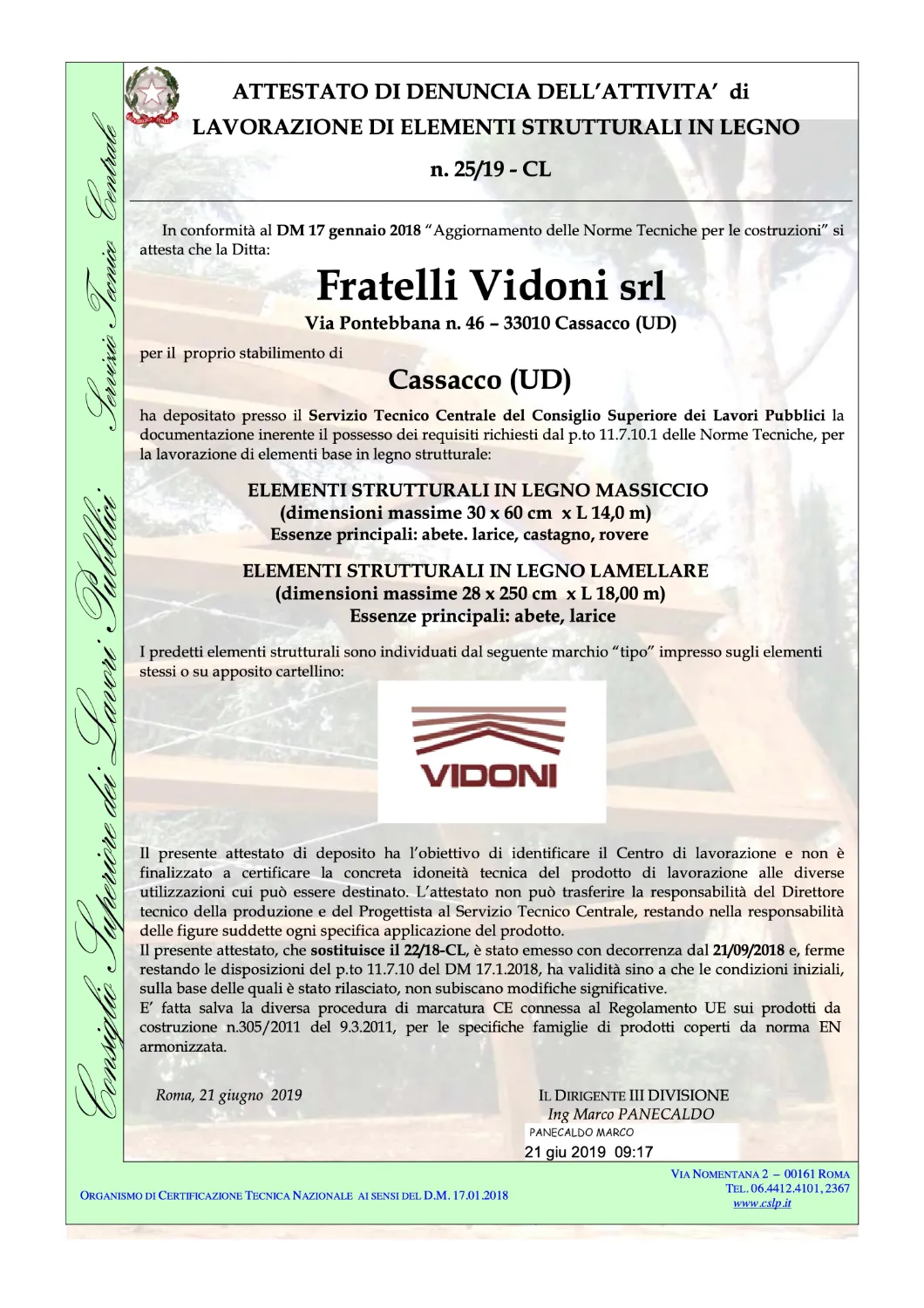 25 Vidoni ex 22 18 210619 | Certificazioni