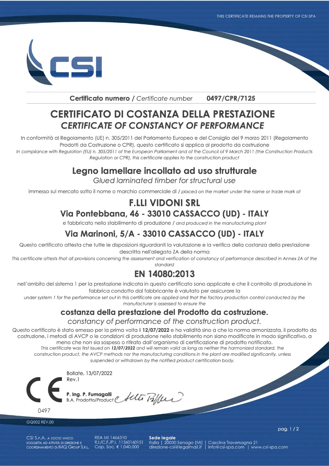 A VIDONI CSI CE LAMELLARE 0497 CPR 7125 GEN 00 dal 12 07 22 PDF | Certificazioni