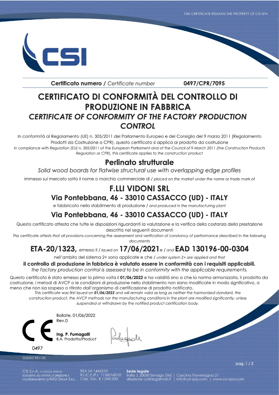 A VIDONI CSI CE PERLINATO 0497 CPR 7095 dal 01 06 2022 | Certificazioni