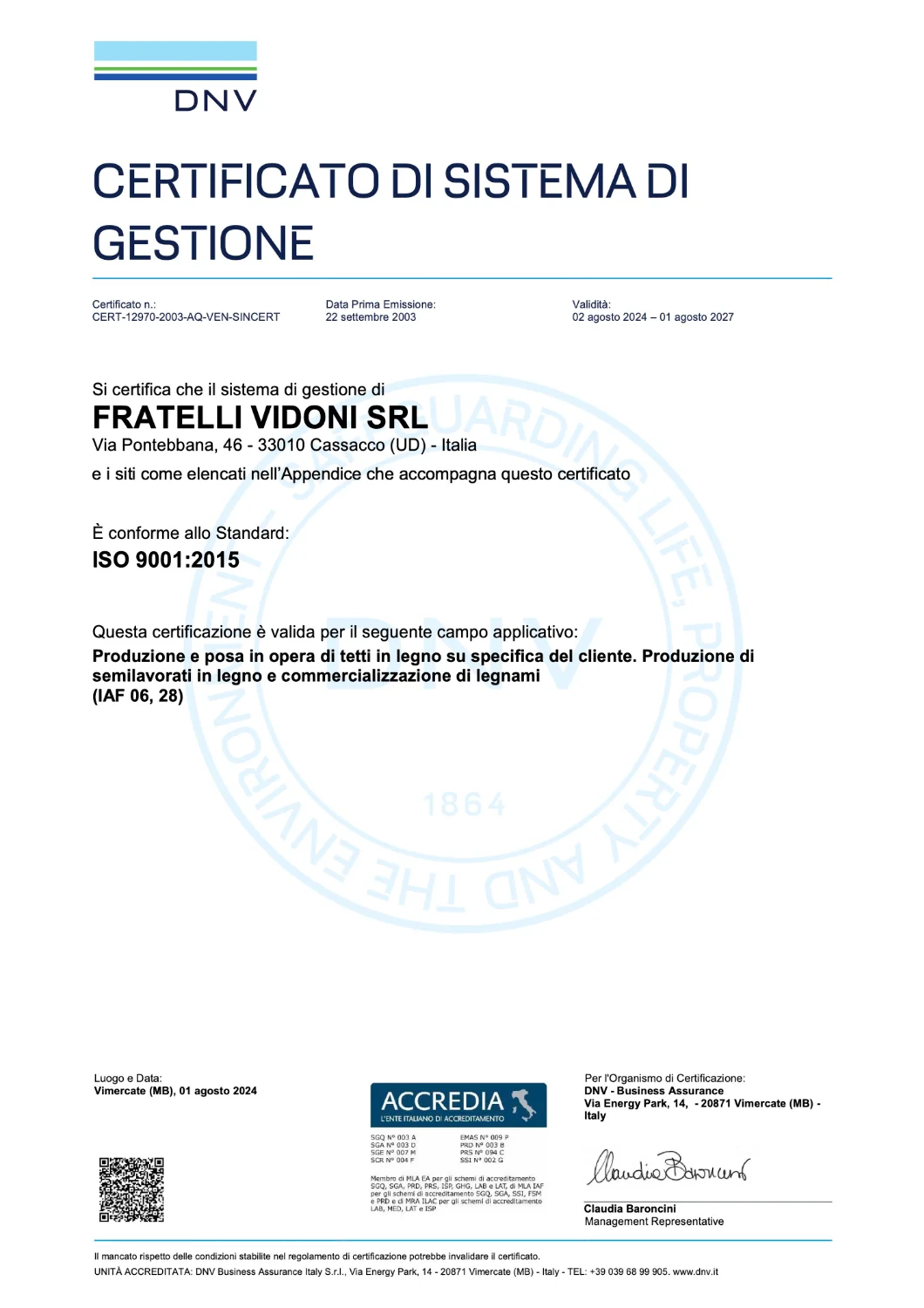 ISO 9001 ITA CERT 12970 2003 AQ VEN SINCERT 5 20240801 | Certificazioni