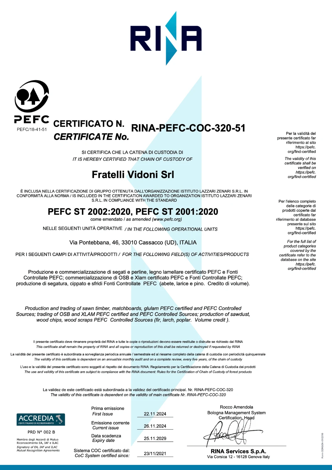 VIDONI RINA PEFC COC 320 51 dal 22 11 2024 | Certificazioni
