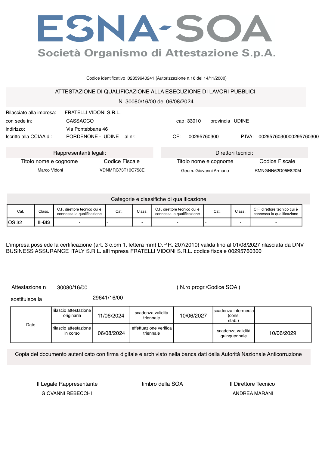 vidoni ESNA SOA 30080 | Certificazioni